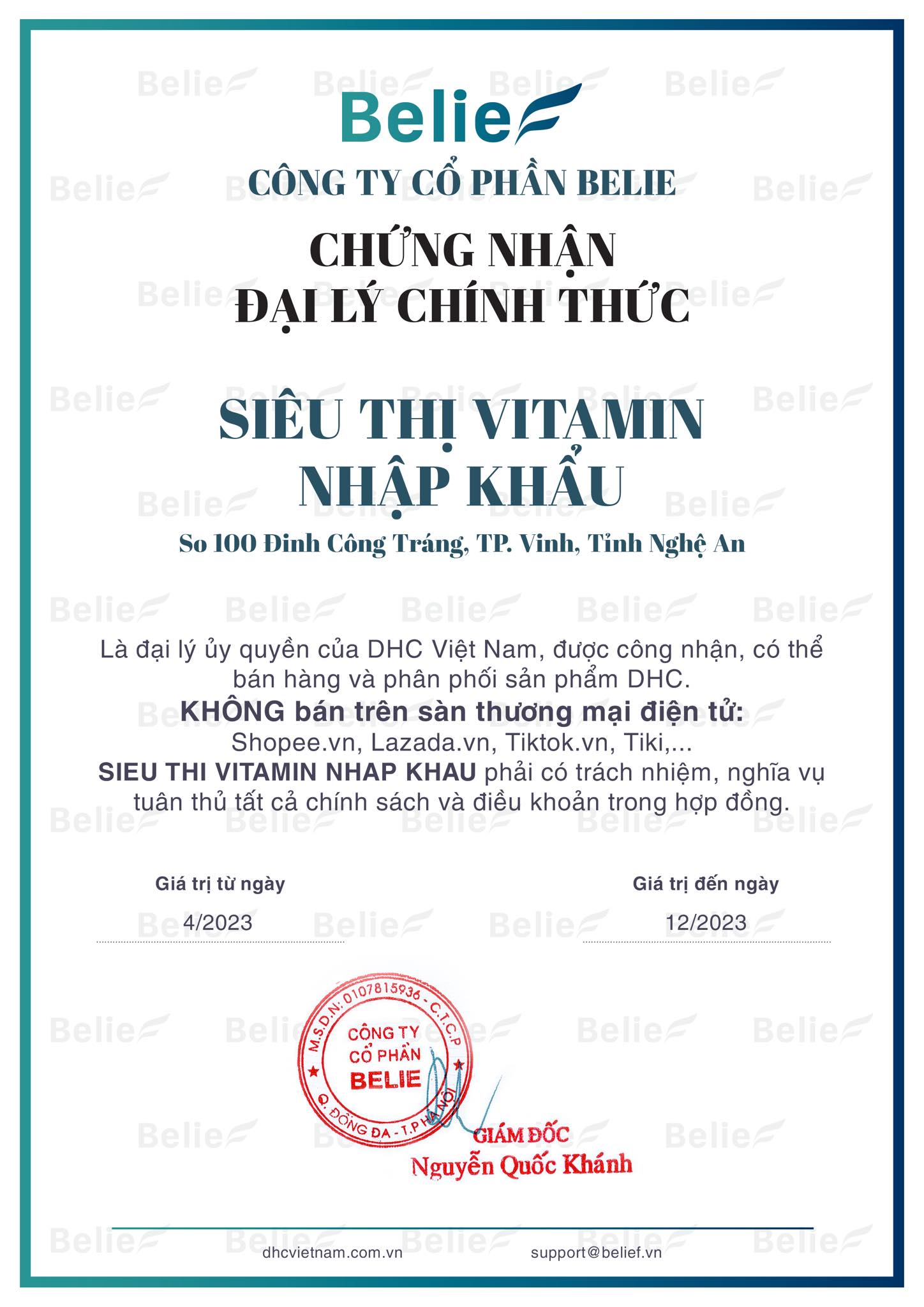 Giấy chứng nhận đại lý chính thức DHC từ công ty phân phối độc quyền Belie JSC